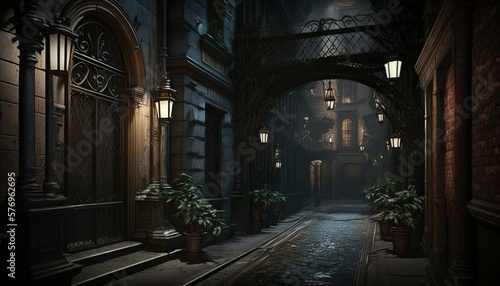 Dark victorian style alley with cobble road, buildings and lamps. Generative AI