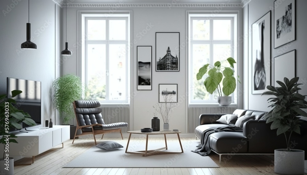 Fototapeta premium Bright modern minimalistic living room interior with pillows on a sofa, a coffee table and potted plants. Generative AI