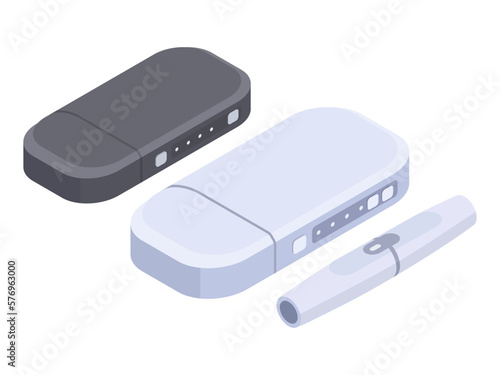 Isometric e-cigarettes. Vape box mod, modern smoke accessories 3d vector illustration set