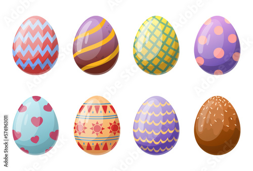 Easter chocolate eggs. Cartoon spring holiday painted eggs, egg hunt traditional game symbols flat vector illustration set