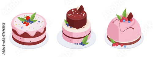 Isometric berry cakes. Tasty vanilla pastry desserts with pink berry frosting, raspberry or strawberry glazed cakes 3d vector illustration