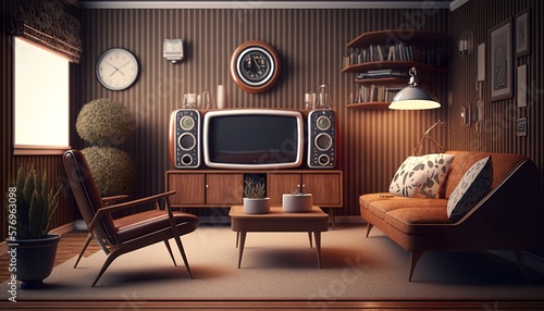 Retro style living room interior with oldschool leather sofa and wooden furnitures. Generative AI photo
