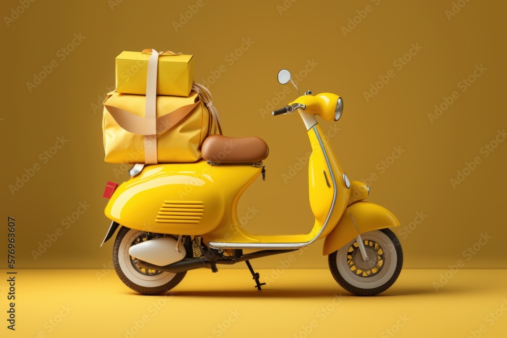 Scooter express delivery service. Yellow motor bike with delivery bag on colorful background