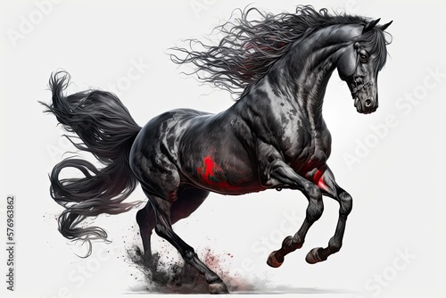 On a white background  a black Andalusian bucking. Generative AI
