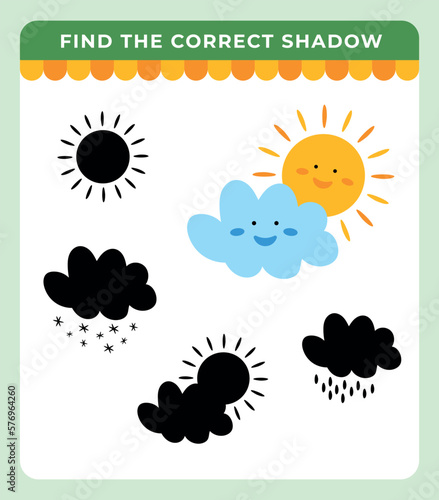 Sun-cloud. Find the correct shadow. Educational game for children.