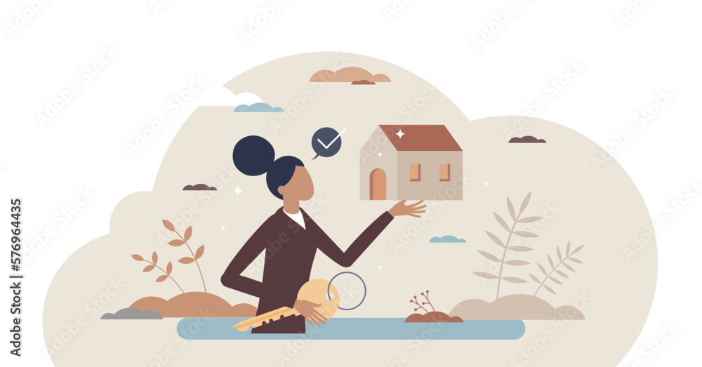 Realtor as real estate agent occupation with house offer tiny person concept, transparent background. Professional female with residential residence key illustration.