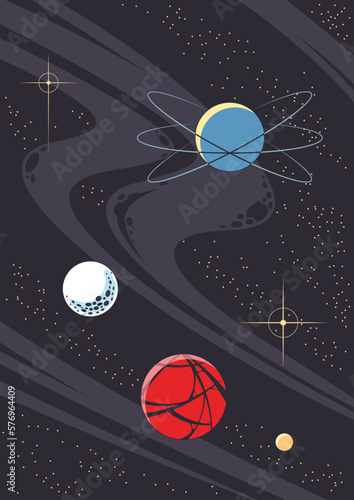 Vintage Style Space Astronomy Poster. Universe Retro Design Planets Illustration