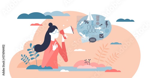 Public communication speech with promo message for mass media tiny person concept, transparent background. Crisis information management, advertising and commercial for crowd illustration.