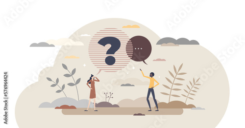 Question and answer with conversation speech dialog bubble tiny person concept, transparent background.Clarify unclear topic with discussion and wise reply illustration.