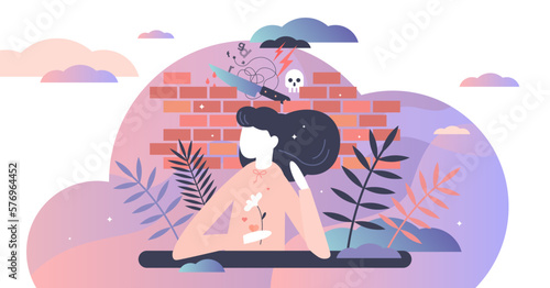 Repression concept, flat tiny person illustration, transparent background. Female behind the wall shielding from violence, crime and offenders. Captivity and limited freedom mental struggle.