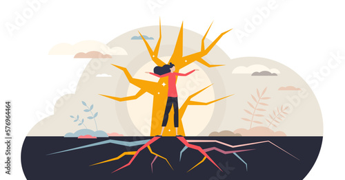 Resilience power with fundamental roots personality tiny person concept, transparent background. Strong and independent female with motivation, determination and stability skill illustration.