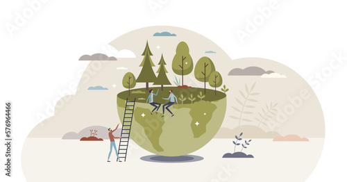 Save trees and protect green environmental resources tiny person concept, transparent background. Nature conservation with eco friendly and responsible attitude illustration.