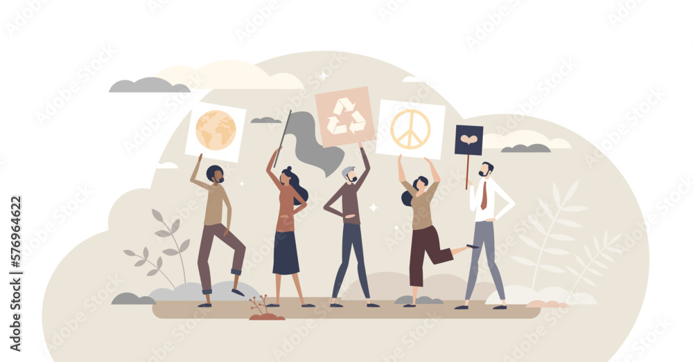 Activist protests and demonstration as equality support tiny person concept, transparent background. Social group solidarity movement and strike as human democracy and unity symbol illustration.