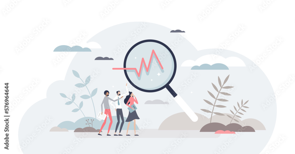 Analysis and data research as monitoring result graphic tiny person concept, transparent background. Financial and economical stock profit measurement process with analytic look illustration.