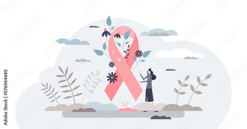Breast cancer awareness and symbolic disease prevention tiny person concept, transparent background. Pink ribbon with flowers as female hope and support in healthcare problems illustration.