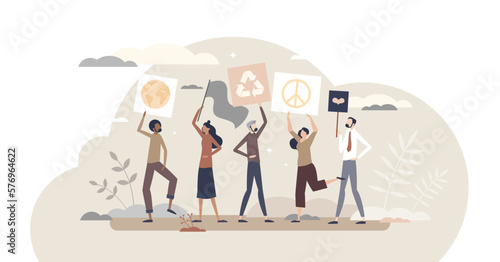 Activist protests and demonstration as equality support tiny person concept, transparent background. Social group solidarity movement and strike as human democracy and unity symbol illustration.
