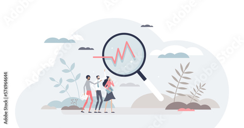 Analysis and data research as monitoring result graphic tiny person concept, transparent background. Financial and economical stock profit measurement process with analytic look illustration.