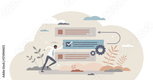 Backlog as agile project management for product software tiny person concept, transparent background. Project workflow strategy and task priority optimization illustration.