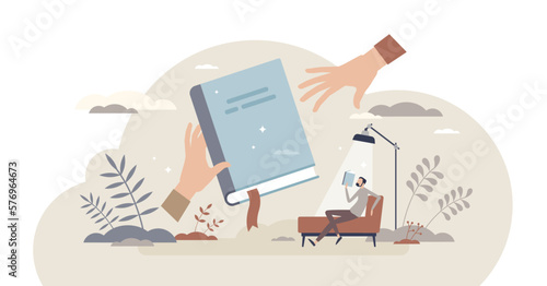 Book exchange or literature swap to change reading topic tiny person concept, transparent background. Share or replace library education materials to refresh collection illustration.