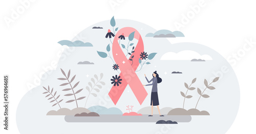 Breast cancer awareness and symbolic disease prevention tiny person concept, transparent background. Pink ribbon with flowers as female hope and support in healthcare problems illustration.