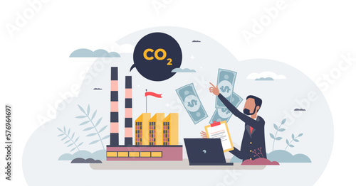 Carbon tax payment as factory CO2 gas emissions charge tiny person concept, transparent background.Polluted air damage pricing for greenhouse gases emitting reduction illustration.