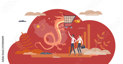 China e-commerce with web sales import and online trade tiny person concept, transparent background. Growing asian country economics as symbolic dragon with shopping cart.