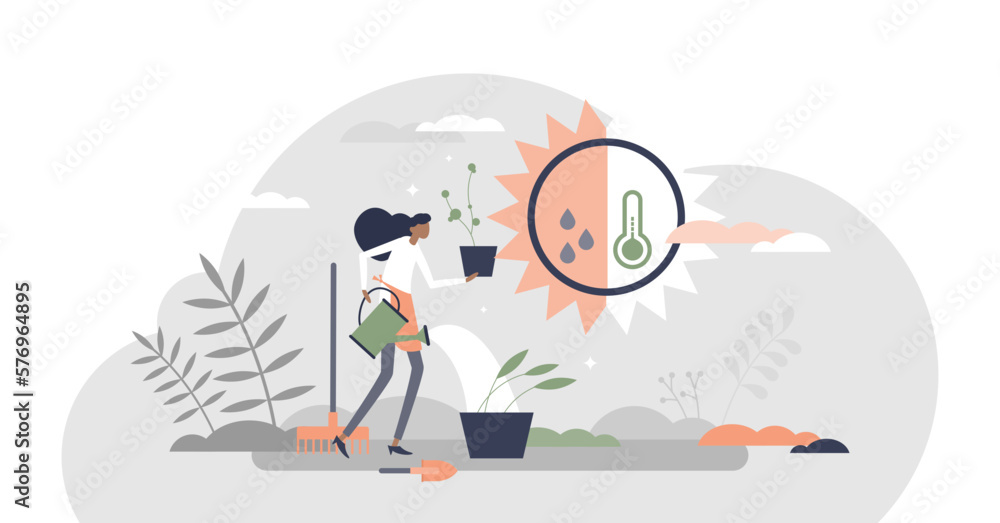 House plants and flower pot gardening, growth and care tiny person concept, transparent background.Green decorations agriculture in garden illustration.