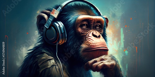 Foto Chimpanzee listening to music with headphones