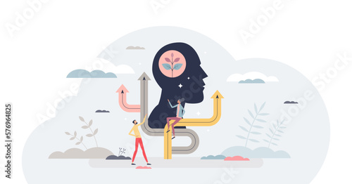Growth mindset as mental development and skill progress tiny person concept, transparent background. Intelligence and smart thinking for positive leadership illustration.