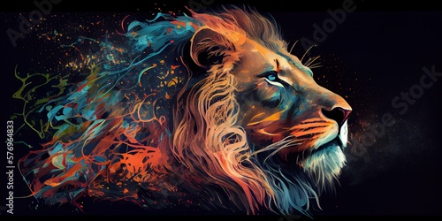 Watercolor lion head. Abstract lion  colorful. Lion s head on a black background  colorful mane. Generative AI