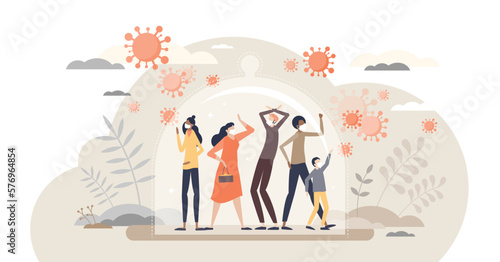 Herd immunity as immunized group with covid protection tiny person concept, transparent background. Community crowd safety with vaccines for most of population illustration.