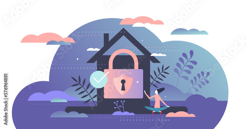 Home security care with lock, shield and alarm for peace and harmony feeling tiny person concept, transparent background.House protection from thieves and burglary illustration.