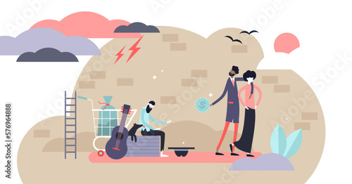 Homeless illustration, transparent background. Flat tiny poor finance gap persons concept. Dirty and threadbare urban society with financial and economical problems and crisis.