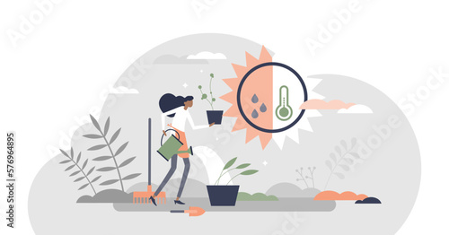 House plants and flower pot gardening, growth and care tiny person concept, transparent background.Green decorations agriculture in garden illustration.