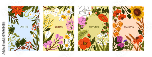 Flower posters for four seasons. Spring, summer, fall, autumn, winter cards designs. Nature seasonal banners set. Vertical floral backgrounds with modern botanical frames. Flat vector illustrations
