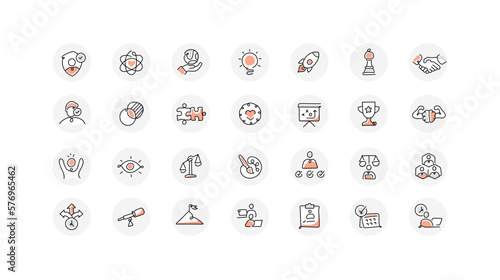 Core values icon set with the color. The modern symbol of company core values, vector line icons with editable stroke.