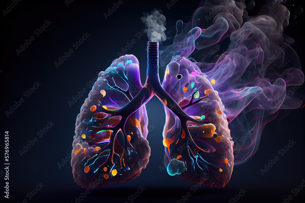 Human lungs filled with smoke. Respiratory system, lungs of smoking
