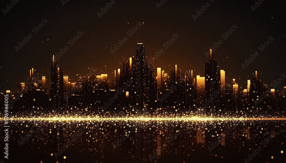 Golden particles of a digital night city on a black background