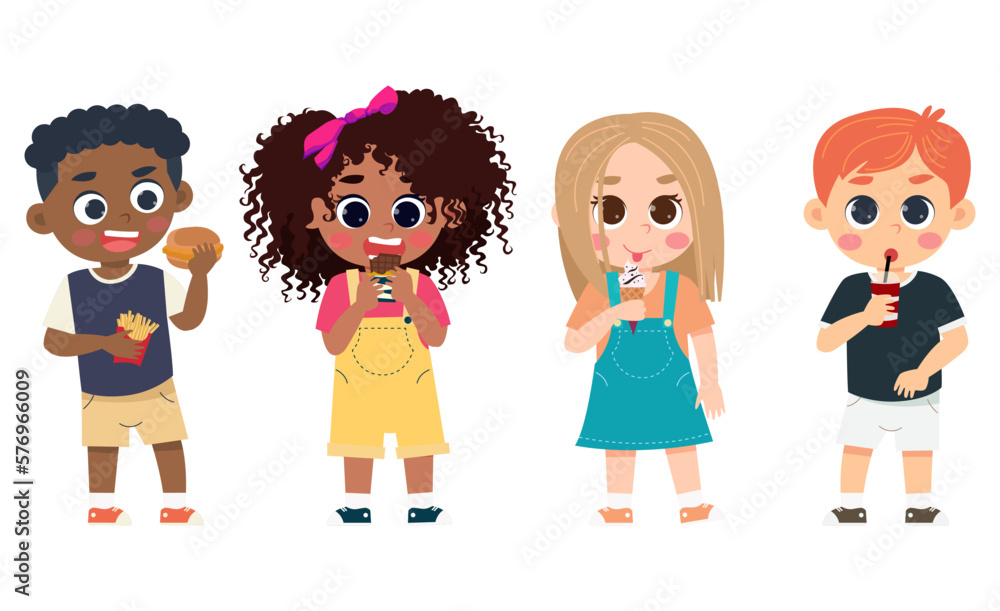 A cartoon different kids drink ice cream and snack happily A cartoon different kids drink ice cream and snack happily