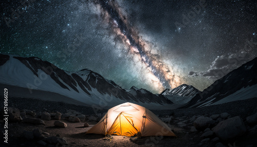 Camping in the mountains under the stars. A tent pitched under the Milky Way