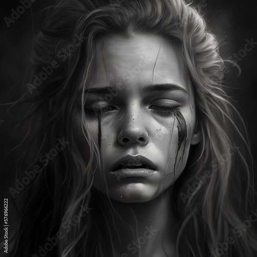 A monochrome close-up of a woman's face, tear-stained and distraught, depicting deep emotional pain.