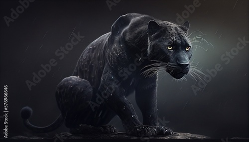 Majestic black panther hunting in the rain. photorealistic generative art photo