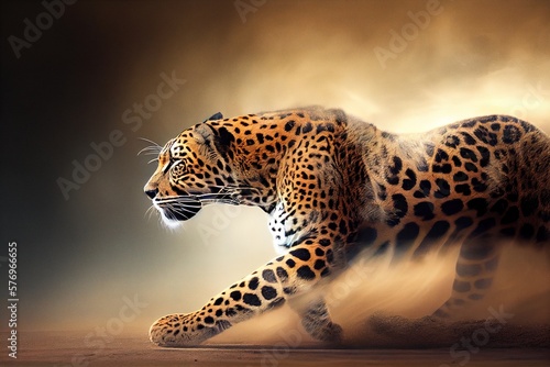 Majestic jaguar or leopard sneaking in the clouds of dust. photorealistic generative art