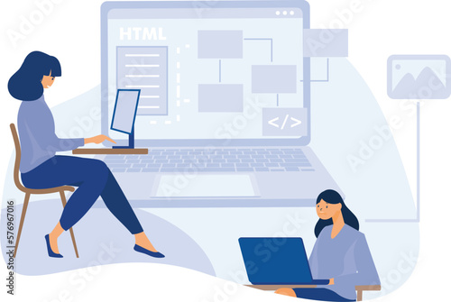 Software and frontend development concept, HTML5 website development, wearable mobile app, accelerated mobile pages, responsive landing design, flat vector modern illustration