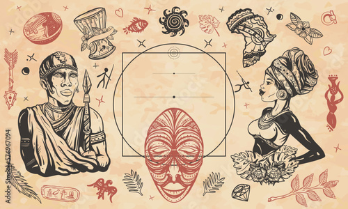 Africa background. Tradition, people and culture template. African woman in traditional turban art, tribal mask. Old paper vector. Ethnic afro girl and black tribe man