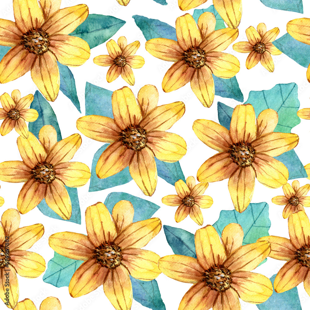 Floral seamless watercolor pattern with yellow flowers and leaves. Hand drawn illustration. Suitable for fabrics, backgrounds, wrapping paper.