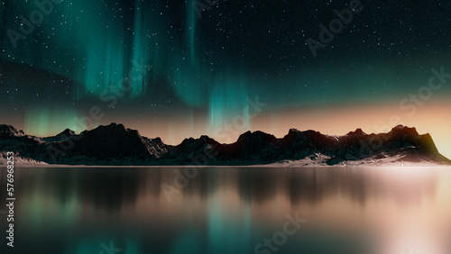 Winter Mountains with Aurora Borealis. Green Sky Background with copy-space. photo