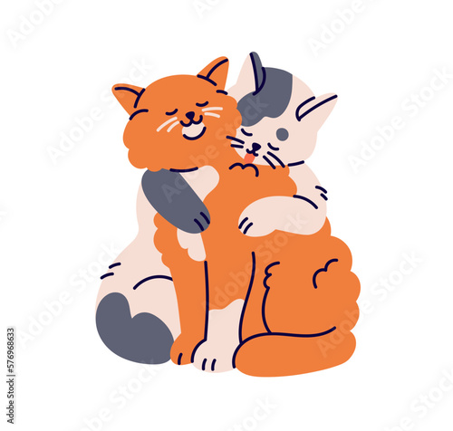 Cute cat hugging with paws, grooming, licking kitty friend. Two funny feline animals, love couple. Adorable affectionate pussycats. Flat graphic vector illustration isolated on white background