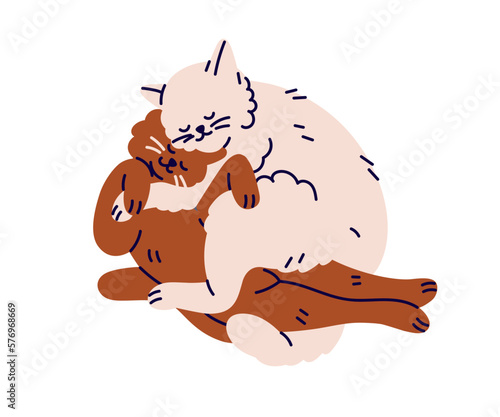 Cute cats couple asleep. Happy kitties sleeping together, hugging in funny pose. Sleepy feline friends in love. Sweet pussies relaxing, embracing. Flat vector illustration isolated on white background