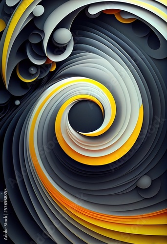 Abstract geometric swirl background, black and yellow colors. Generative art